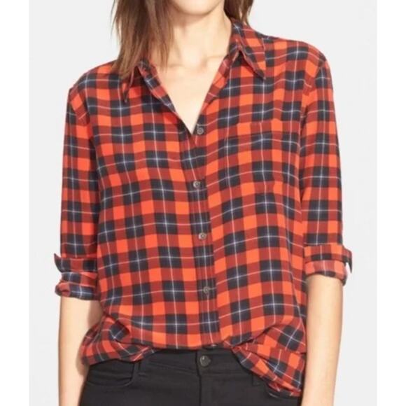 Equipment Red Black Plaid Silk Button Down Blouse Size M - Picture 3 of 12